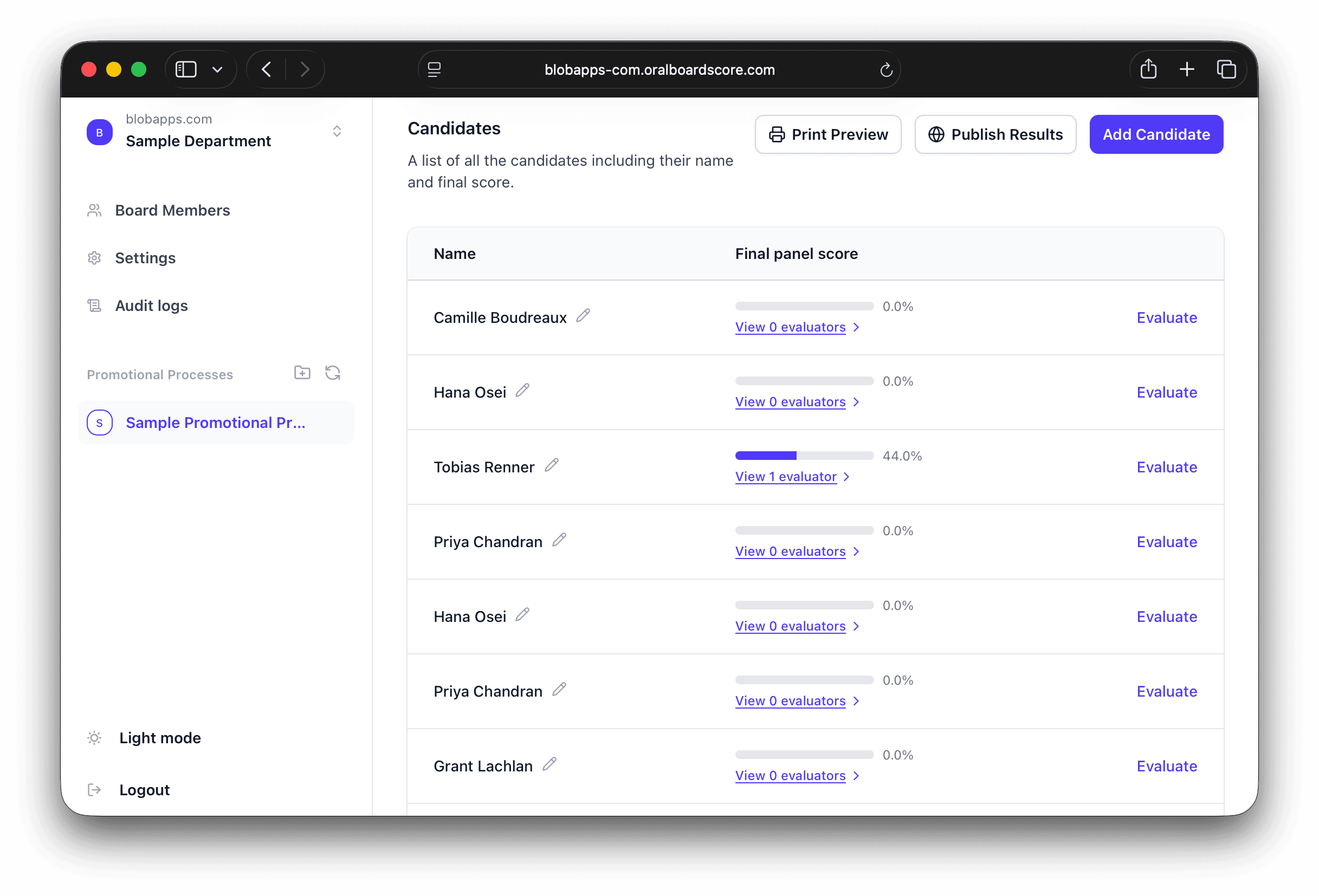 OralBoardScore candidates dashboard showing every candidate with their final panel score