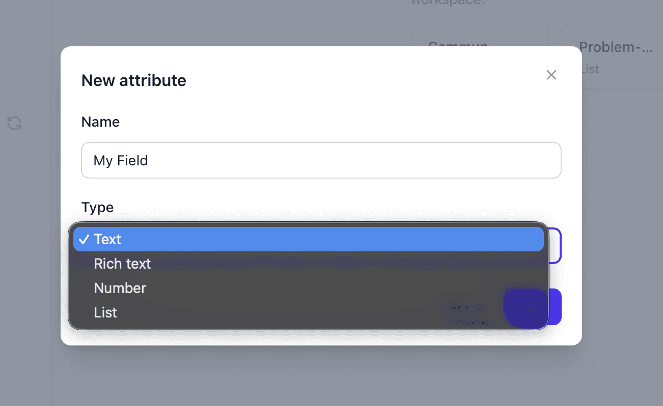 New attribute dialog for defining a custom scoring field and its type