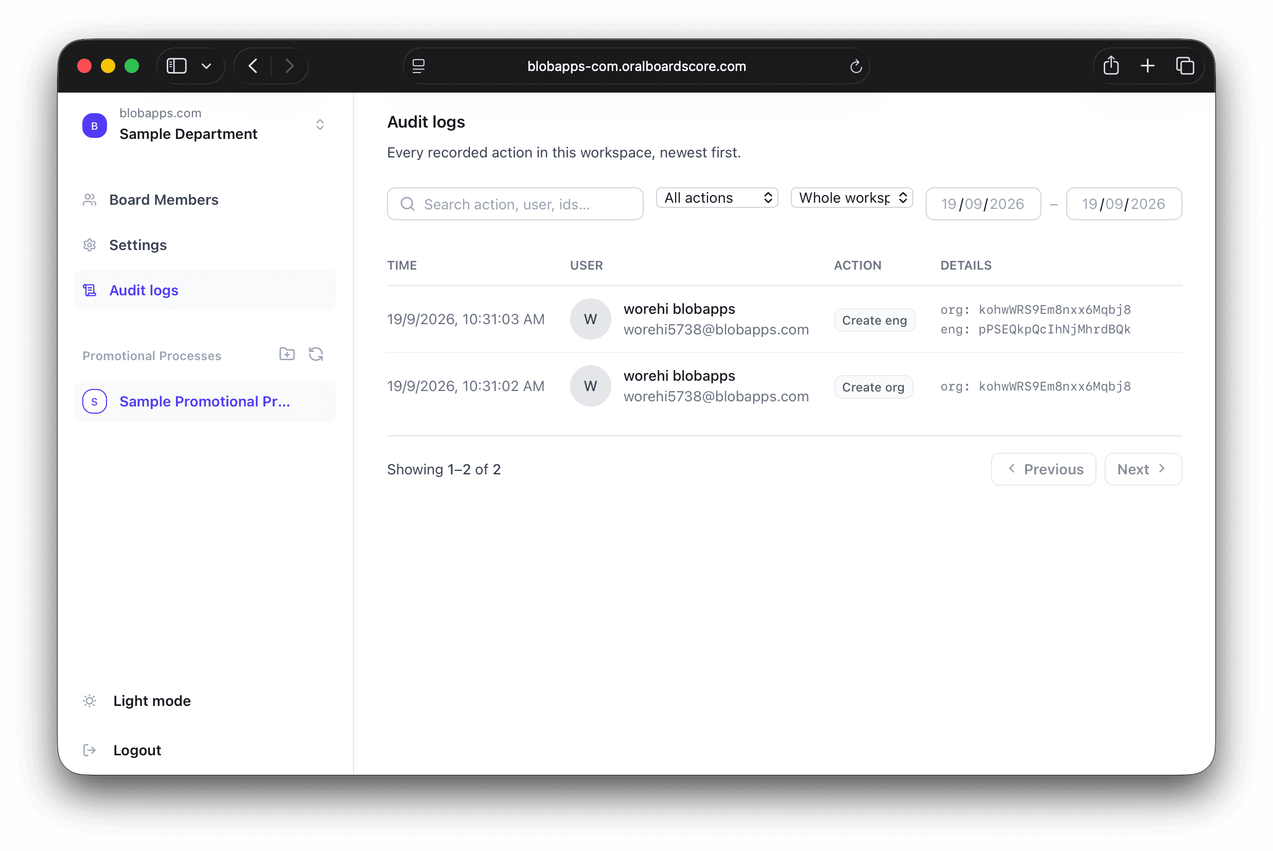 Audit log screen listing every recorded action in the workspace, newest first