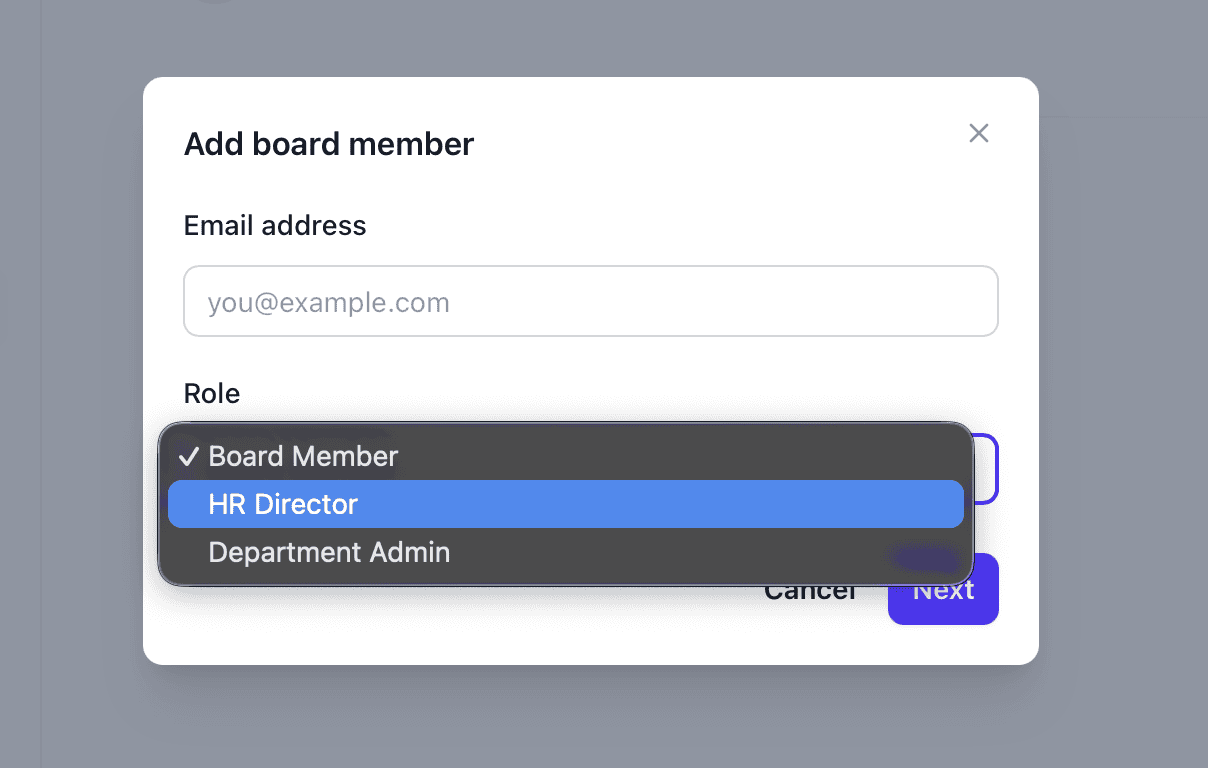 Add board member dialog with role selection